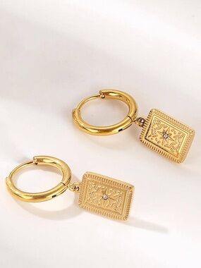 Gold Rectangular Medallion Hoop Earrings - Women Jewelry